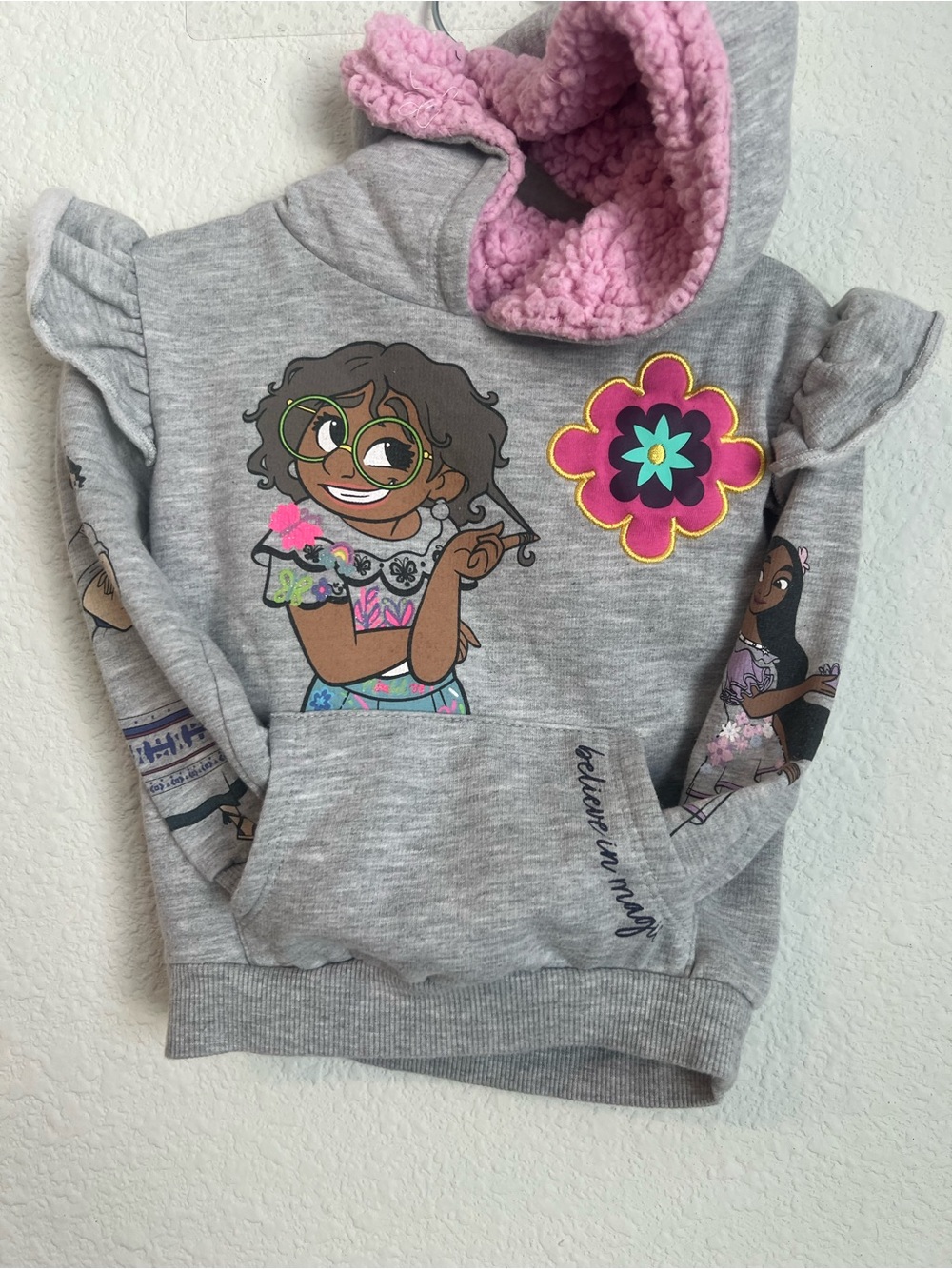 Disney Girls' Grey Hoodie with Pink Sherpa Hood and Floral Character Print